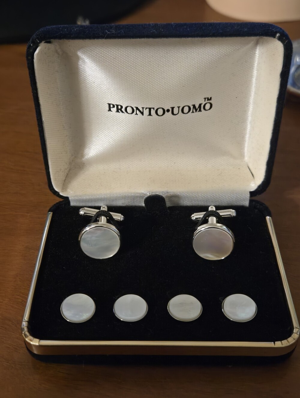 Pronto Uomo Silver-Tone Mother of Pearl Cufflinks and Studs - Iridescent White